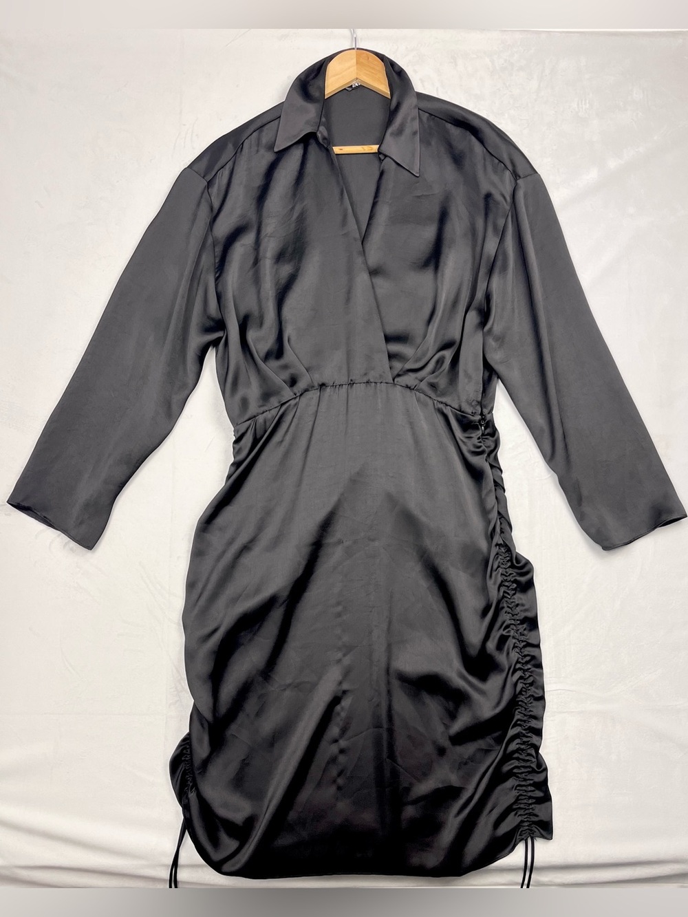 Zara Satin Ruched Shirt Chic Dress Black Long Sleeve Midi Dress Size XL